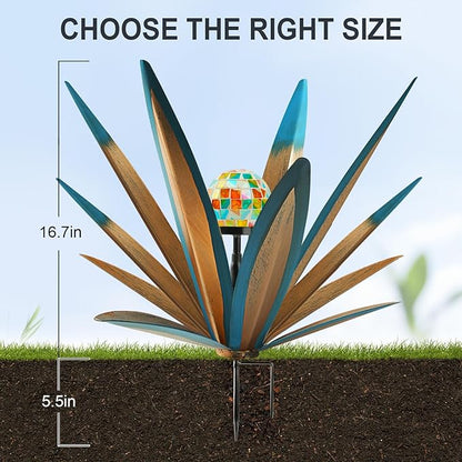 TOMBABY Solar Rustic Garden Style Metal Agave Plants Outdoor Patio, Home Decor Hand-Painted Metal Agave Garden Patio Statues, Suitable for Desert Areas, Outdoor Lawn Decorations (1 Solar Bule)
