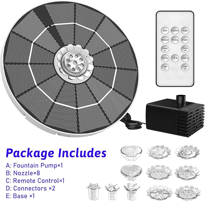 AISITIN 3.5W Solar Fountain Pump with Remote Control, LED Colorful Lights, Solar Bird Bath Pump with Bracket and 8 Nozzles, Solar Water Fountain for Bird Bath, Garden, Pond and Outdoor