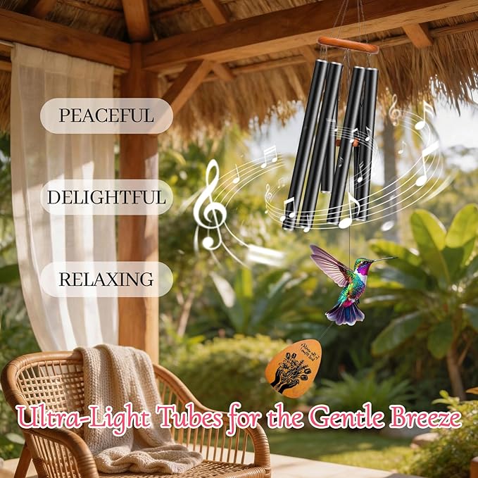 37" Wind Chimes for Outside - Deep Tone Large Wind Chime with 6 Tuned Aluminum Tubes & Wooden Top - Hummingbird Decor, Ideal Sympathy for Mom, Garden