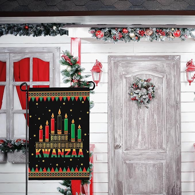 Kwanzaa Garden Flag Double Sided Polyester Yard Banner with Kinara and Red Black Green Candles Holiday Outdoor Flags for African American Heritage Celebration Décor 12x18 Inch
