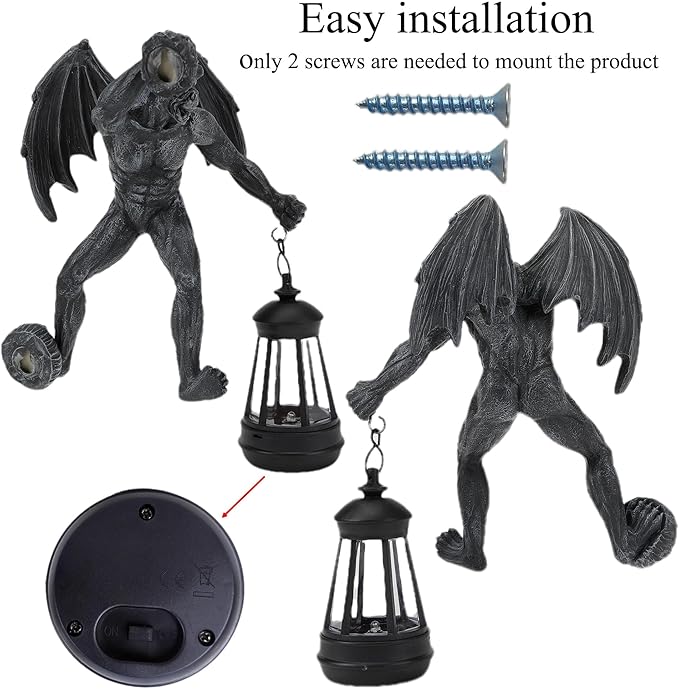 Dragon Winged Gargoyle Tree Hugger with Solar Lantern Gothic Lamp Wall Fence Hanger Decor Garden Statue Yard Patio Unique Perfect Present for Women Mom Grandma