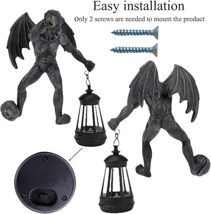 Dragon Winged Gargoyle Tree Hugger with Solar Lantern Gothic Lamp Wall Fence Hanger Decor Garden Statue Yard Patio Unique Perfect Present for Women Mom Grandma