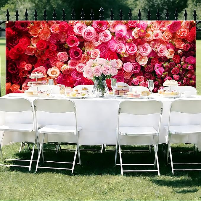 Rose Valentine Garage Door Banner 157.5x70.9in Large Floral Garage Door Cover for Outdoor Love Decorations House Exterior Yard Party Decor with Grommets and Rope