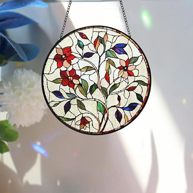 Bimkole Flower Stained Glass Suncatcher Window Hanging - Leaves Design for Indoor Window or Doorway Decoration - 7.87x7.87 inch with Chain and Hook - Unique Home Decor Gift