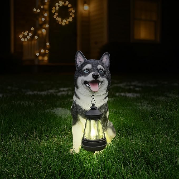 Akita Dog Garden Statue with Solar Lantern Light, Outdoor Resin Puppy Animal Figurine with Double-Sided Welcome & On Patrol Sign, 11.4" Yard Art Decor for Patio Lawn Porch Dog Lover Gift