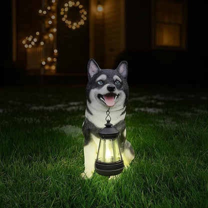 Akita Dog Garden Statue with Solar Lantern Light, Outdoor Resin Puppy Animal Figurine with Double-Sided Welcome & On Patrol Sign, 11.4" Yard Art Decor for Patio Lawn Porch Dog Lover Gift