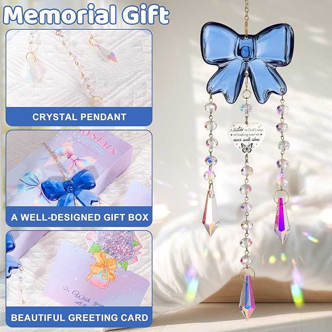 Crystal Sun Catchers Indoor Window,Bow Decor Sun Catcher for Sister Gifts with 3 Chains,Prism Rainbow Crystal Suncatcher for Hangings College Dorm Rooms Home Decoration Blue