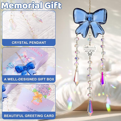 Crystal Sun Catchers Indoor Window,Bow Decor Sun Catcher for Sister Gifts with 3 Chains,Prism Rainbow Crystal Suncatcher for Hangings College Dorm Rooms Home Decoration Blue