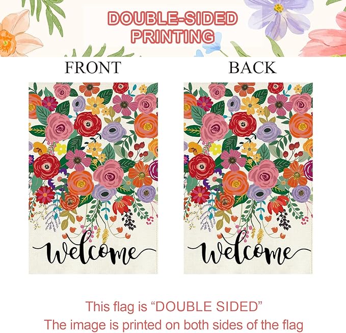 Baccessor Spring Summer Welcome Garden Flag Double Sided 12.5 x 18 Inch Burlap with Clip and Stopper,Floral Flowers Flag Seasonal Farmhouse Front Yard Lawn Outside Outdoor Decoration