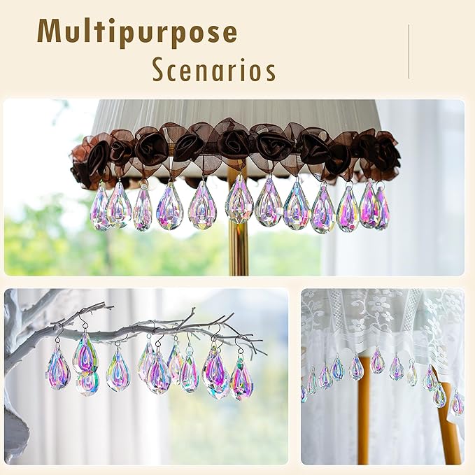 HDCRYSTALGIFTS 12pcs Suncatcher Crystal 50mm AB Loquat Shape Chandelier Parts Drops Prisms Hanging Crystal Sun Catchers,Colorful Glass Ornaments for Christmas Tree