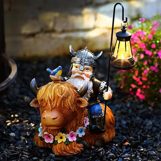 Garden Gnome Outdoor Statue Highland Cow Decor for Yard Patio Lawn Porch Birthday Gifts for Women Men, Mother’s Day, Housewarming with Solar Light Gnome Decor for Outside