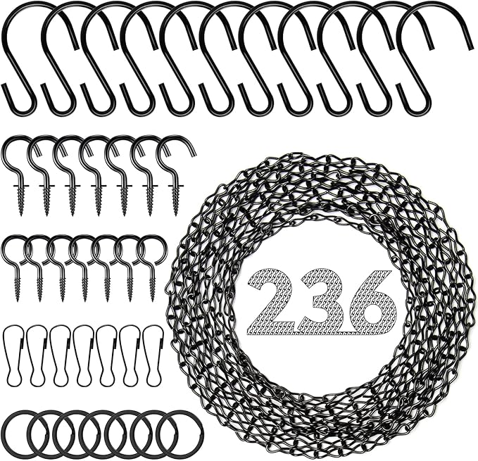 Metal Hanging Chain, 236 Inch Black Chains for Plants, 12×S Hooks, 12×Buckles, 12×Rings, 24×Screw Hooks for Bird Feeder, Planter, Wind Chimes (Black)