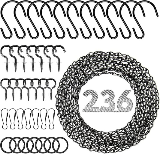 Metal Hanging Chain, 236 Inch Black Chains for Plants, 12×S Hooks, 12×Buckles, 12×Rings, 24×Screw Hooks for Bird Feeder, Planter, Wind Chimes (Black)