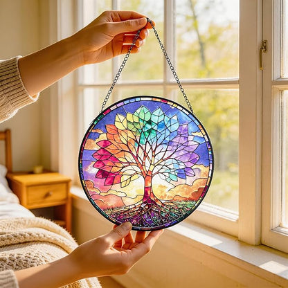 Stained Glass Window Hanging, Colorful Tree of Life Suncatcher 7.8 in Sun Catcher Boho Wall Art Decor with Chain Diamond Glass Panel Hangings Scenery Sun Catchers Decor for Lover Couple Mom