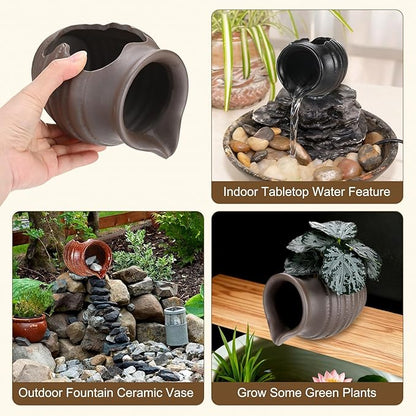 M METERXITY Ceramic Garden Fountain Spitter, Clay Pot Ecological Tank for Pond/Backyard Water Feature/Cave Waterfall/Landscaping, DIY Water Flow Jar Hydroponic Vase [5.5in, Vintage Brown]