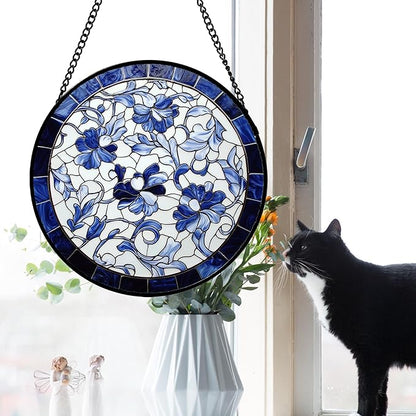 Stained Glass Window Hanging, Blue and White Abstract Flowers Sun Catcher for Door Home Decor Suncatcher Christmas Mother's Day Birthday Gifts for Women Men Mom and Nana 9.8 in
