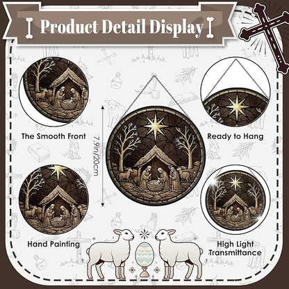Nativity Scene Suncatcher - 7.9" Hand Painted Stained Glass Christmas Ornament & Window Hanging, Outdoor/Indoor Birth of Jesus Decor, Religious Christian Gift for Women, Men