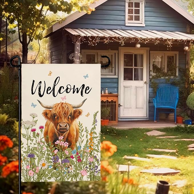 Welcome Spring Highland Cow Garden Flag Highland Cow with Flowers Burlap Yard Flag Seasonal Summer Bull Butterfly House Banner for Farmhouse Rustic Holiday Outdoor Decor 12x18 Inch