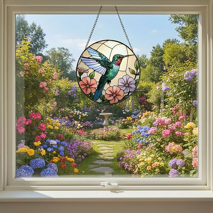 Hummingbird Stained Glass Suncather for Window Hanging, 9'' Hummingbird Ornament Gift for Women, Nature-Inspired Wall Art Home Decor Gifts for Mom, Grandma (Green Bird, 9'')