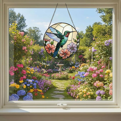 Hummingbird Stained Glass Suncather for Window Hanging, 9'' Hummingbird Ornament Gift for Women, Nature-Inspired Wall Art Home Decor Gifts for Mom, Grandma (Green Bird, 9'')