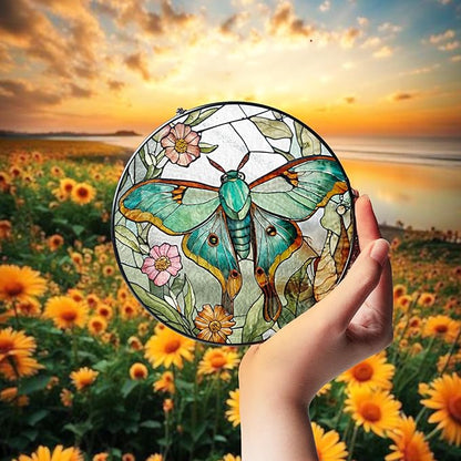 2 Stained Glass 6" Luna Moth Suncatchers Art Glass Monarchs, Luna Moth and Flower Suncatcher Monarchs for Sun Catcher Indoor Window, Gift for Nature Floral Lover Women, Painted Panel Décor