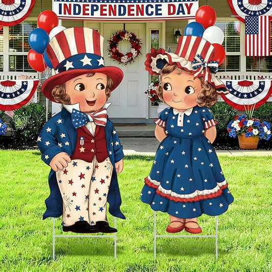 Beeveer 2 Pcs 4th of July Decorations Vintage Patriotic Yard Decor Outdoor 250th Anniversary Memorial Day Yard Sign with Stakes Front Door Hanging Sign for Porch Door Garden Patio Lawn Party Supplies