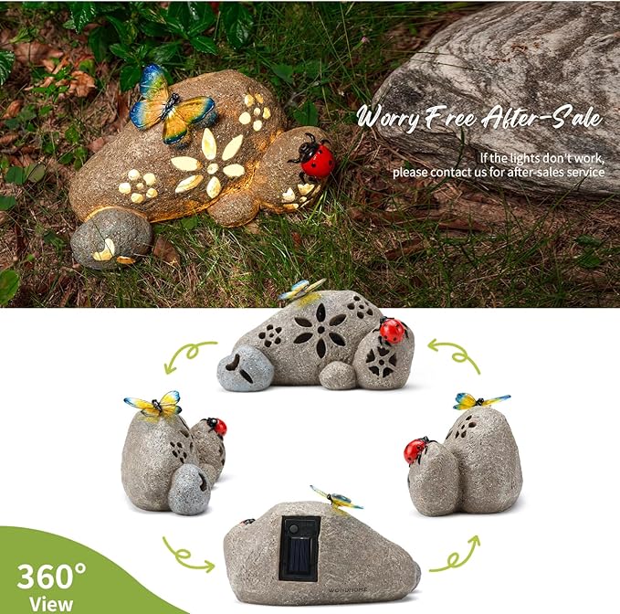 Butterfly Garden Statues Butterfly on Stone Statue with Solar LED Lights for Porch Patio Lawn Yard Art Decoration Christmas Birthday Gardening Gifts for Mom Women
