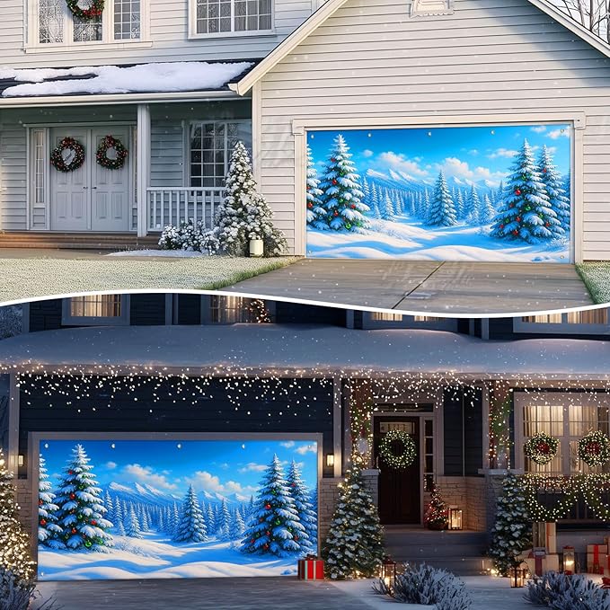 IVN Christmas Garage Door Cover Decoration 13x6ft Snow Covered Pine Trees Blue Mountain Forest Scene Merry Christmas Winter Garage Door Banner Home Door Front Yard Decor for Xmas Eve Holiday Outdoor