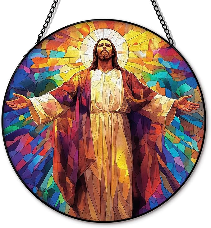 Jesus Christian Suncatcher Stained Glass Window Hanging, Jesus Religious Sun Catchers Indoor Window Glass Round Wall Decor, Christian Wall Art Hanging Decorations, 7.8＂x7.8＂