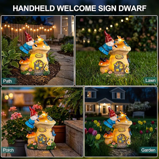Garden Gnome Statues Figurine Lights - Solar Powered Lighting Outdoor Decorations, Gnome Build Mushroom Fairy House, Yard Art Lawn Ornaments for Porch Patio Balcony - Gnome Gifts for Women Mom