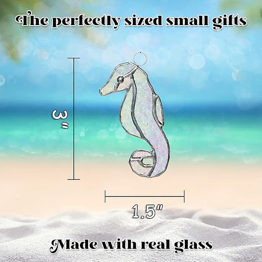 Stained Glass Ornament Seahorse Decor 3.5" x 1.5" Iridescent Suncatcher for Window Hangings Sea Glass Ocean Animal Tiffany Figurines Sun Catcher Garden - Beach Themed Office Home Decor