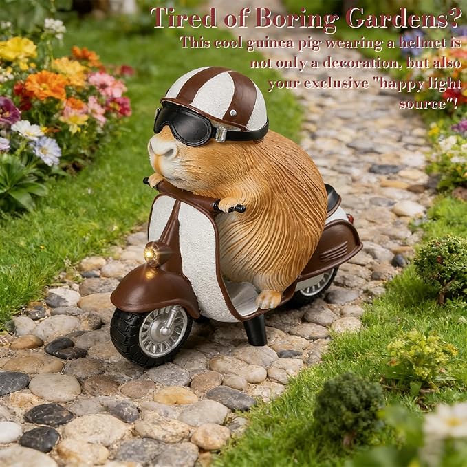 Capybara Solar Outdoor Figurine Light, Capybara Riding Motorcycle Garden Statue with LED Headlight, Waterproof Solar Powered Lawn Decor for Yard Patio Porch, 8.6” x 4.7” x 9.4”