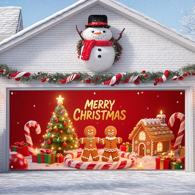 IVN Christmas Gingerbread Garage Door Banner 6x13 ft Holiday Backdrop with Cookies Tree Gifts Garage Door Covers Decorative Garage Door Cover Mural for Outdoor Decor