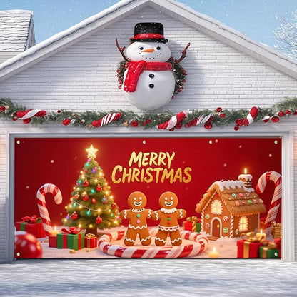 IVN Christmas Gingerbread Garage Door Banner 6x13 ft Holiday Backdrop with Cookies Tree Gifts Garage Door Covers Decorative Garage Door Cover Mural for Outdoor Decor