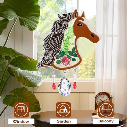 KY&BOSAM Suncatcher Horse Head Stained Glass Crystal Hand-Painted Suncatchers Ornament hangings Wind Chime with Pressed Flower Horse Embedded in Glass Window Mother`s Day Birthdays…