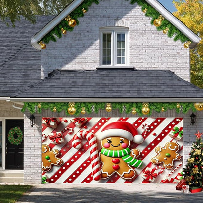 HOMETITUTE Christmas Garage Door Banner 13x6ft Gingerbread Man Candy Cane Theme Backdrop Banners for Outside Inside Winter Door Cover Garage Wall Covering for Party Garage Decorations
