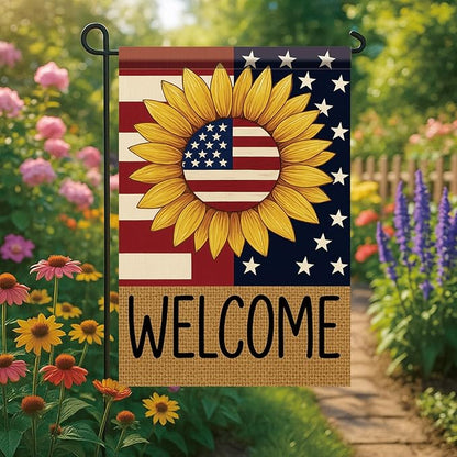 Spring Summer Garden Flag 12x18 Inch Patriotic Sunflower Welcome American Outdoor Stars Stripes Rustic Burlap Style Outdoor Yard Porch Lawn for Seasonal Americana Home Decor