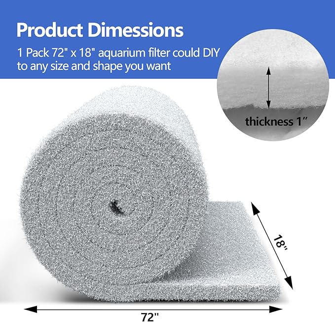 Classic Koi Pond Filter Pad, 18” x 72" Thick Aquarium Filter Floss Reusable Cut to Fit Aquarium Media Pad for Outdoor Koi Ponds, Aquariums, Fish-Safe Polyester Material