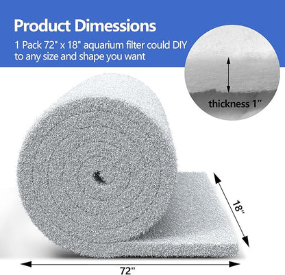 Classic Koi Pond Filter Pad, 18” x 72" Thick Aquarium Filter Floss Reusable Cut to Fit Aquarium Media Pad for Outdoor Koi Ponds, Aquariums, Fish-Safe Polyester Material