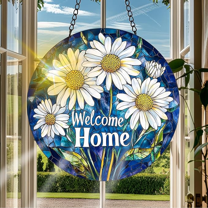 VAIIEYO Welcome Home Stained Glass Window Hanging Ornament, Handmade Sun Catcher Chrysanthemum Decoration with Hooks for Window Garden Home, Mother's Day & Birthday Housewarming Gift (7.8 inch)