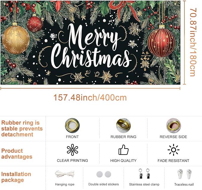 IVN Merry Christmas Happy New Year Garage Door Banner 13x6 ft Christmas Garage Door Cover Wnter Scene Background Indoor Outdoor Black Snowflake Tree Holly Ornaments Holiday Decorations for Home and Events Wall Backdrop Decor