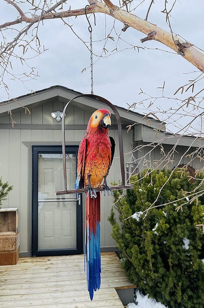 Hanging Whimsical Rustic Metal Swinging Macaw Parrot Tropical Bird On Chain Yard Garden Art, 10.75'' x 37''
