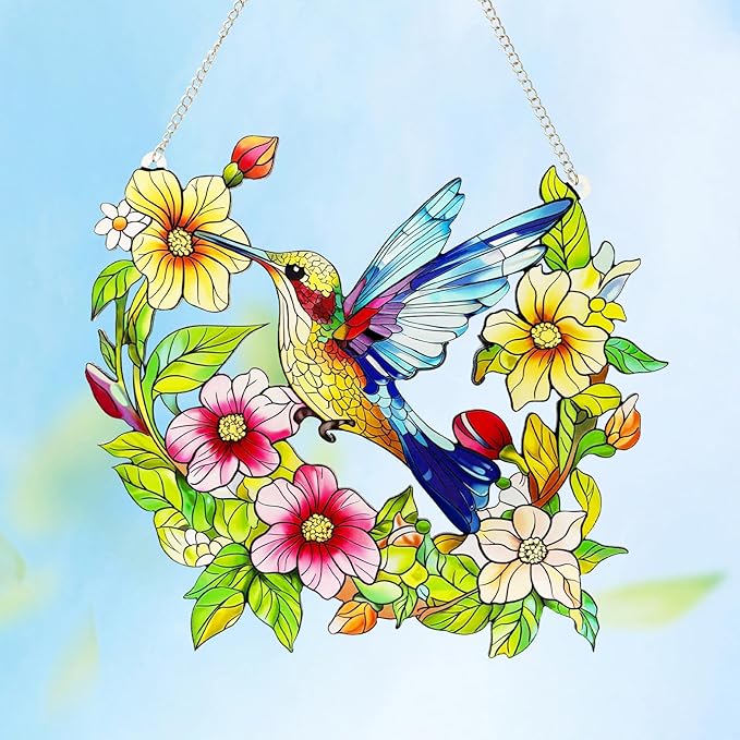 Stained Glass Window Hanging Hummingbird and Flower Suncatcher, Marzovitra 10 Inch Colorful Window Art Bird Sun Catcher for Home Decor, Garden, Patio Gift for Nature and Bird Lovers (Blue Hummingbird)