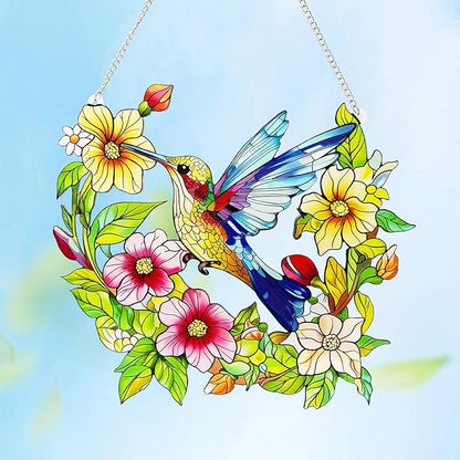 Stained Glass Window Hanging Hummingbird and Flower Suncatcher, Marzovitra 10 Inch Colorful Window Art Bird Sun Catcher for Home Decor, Garden, Patio Gift for Nature and Bird Lovers (Blue Hummingbird)