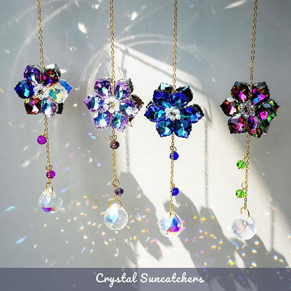 HDCRYSTALGIFTS 4pcs Crystal Flower Suncatchers for Window Hanging Christmas Tree Ornaments, Rainbow Maker Crystal Sun Catchers Indoor Window Outdoor Patio Garden Decor Gifts (1.7 * 10inch,Multicolor)