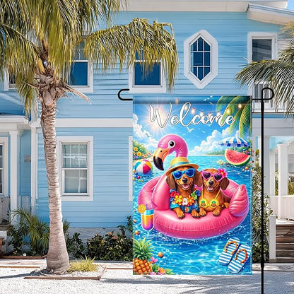 BlissYard Welcome Flamingo Pool Dog Garden Flag 12x18 Double Sided Vertical Outdoor Decor Labrador Retriever Summer Poolside Yard Garden Lawn Banner Bright Seasonal Display