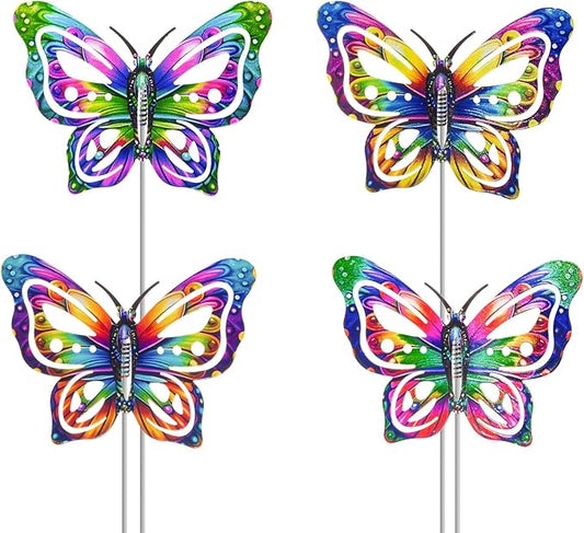 4Pcs Butterfly Garden Stakes Decor, Colorful Butterflies Decorations, Metal Yard Art for Outdoor Lawn Porch Pathway Yard Patio Plant Pot Ornaments (Butterfly- B)
