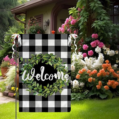Welcome Leaves Wreath Garden Flags 12x18 Double Sided Summer Black White Buffalo Plaid Rustic Yard Flags Spring Seasonal Garden Flag Burlap Outdoor Lawn Decor