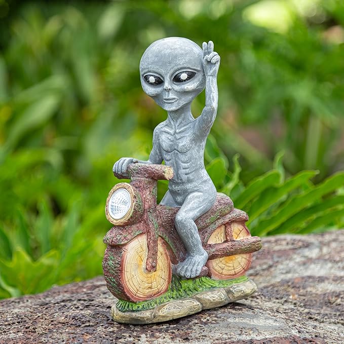 12.99 Inches Solar - Powered Alien Motorcycle Outdoor Decorative Statue. Ideal for adorning courtyards, lawns, and Balconies. Unique Housewarming Gift for Yards