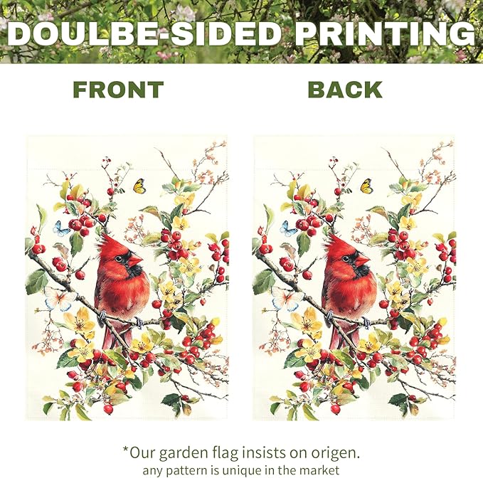 Red Cardinal Bird Garden Flag Spring Summer Floral Yard Flags for Outdoor Lawn Porch Patio Decoration Memorial Birds Lover Gift Butterfly Watercolor Wild Bird House Banner Decor 12x18 Inch